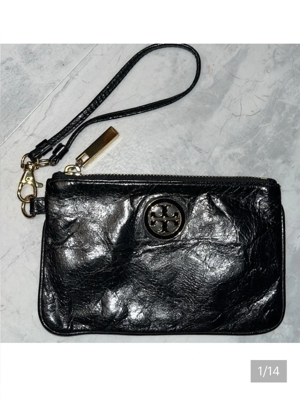 Tory Burch Wristlet wallet Black genuine crinkled leather  Gold tone accents EUC